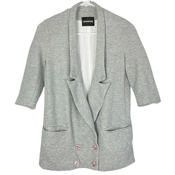 Monrow Knit Blazer Jacket Double Breasted Womens XS Heathered Grey Sweatshirt - Picture 1 of 12